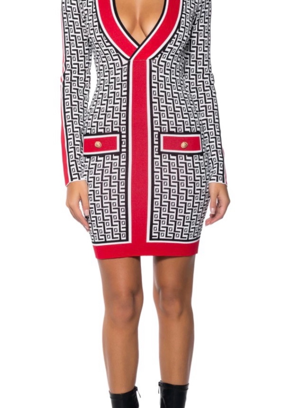 AKIRA Black & White Geo Knit Mini Dress with Red Trim